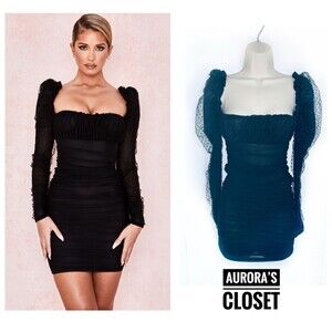 House of CB XS Black Mesh Mini Dress Camille Puff Long Sleeve Ruched Dotted $179